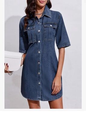 Denim Button-Front Shirt Dress - Dark Blue